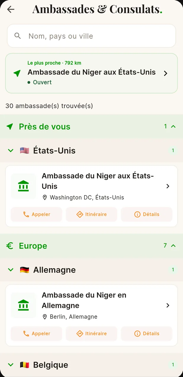 Directory of Niger's embassies, grouped by continent and country.