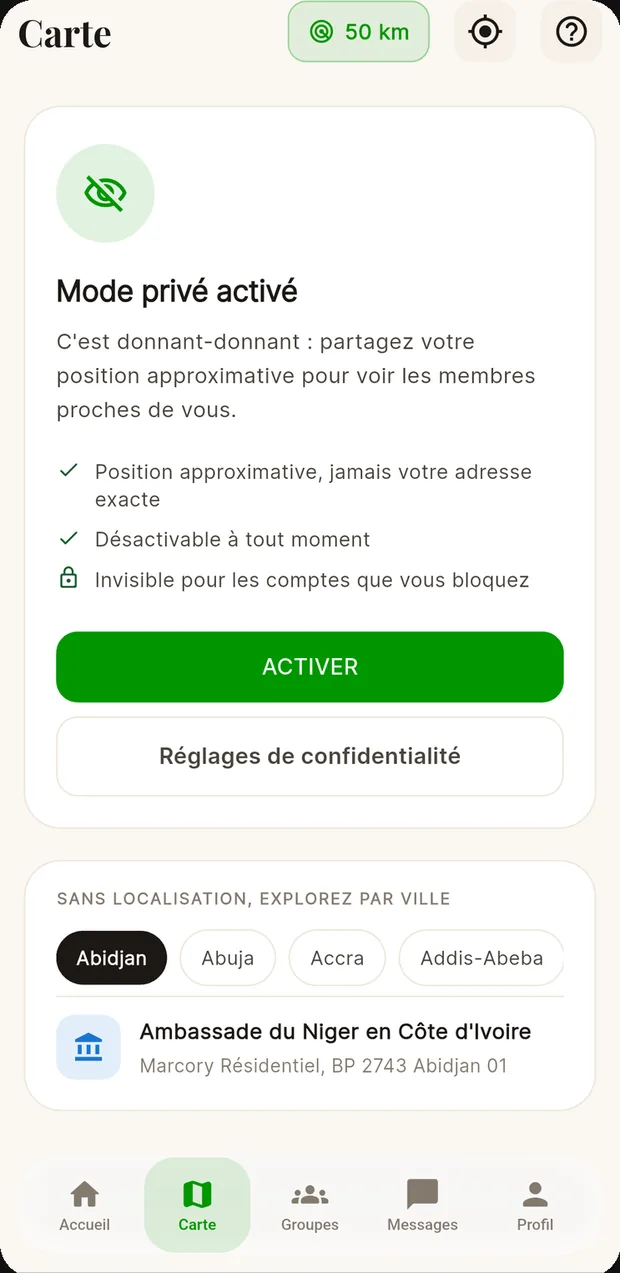 The members map: private mode explains location sharing before you turn it on.