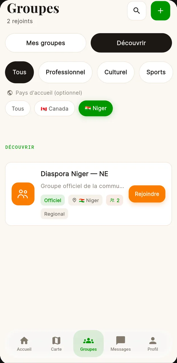 Groups screen: my groups, discovery, filters by host country.