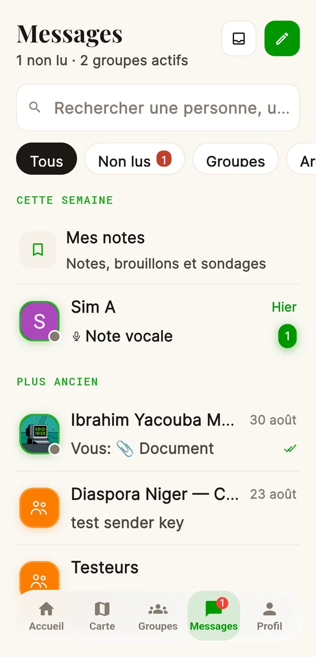 Conversation list, with filters and personal notes.