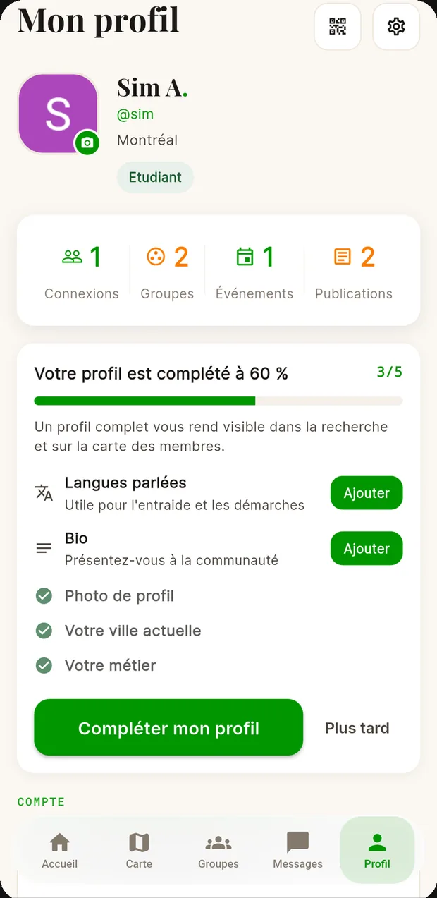 Profile screen: completion, languages spoken, city and occupation.